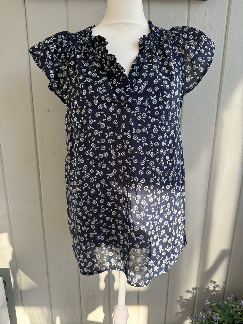 J. Crew Navy White Floral Ruffle V-Neck Blouse